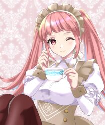 Rule 34 | 1girl, alternate costume, blunt bangs, blush, breasts, brown pantyhose, buttons, closed mouth, commentary request, cup, female focus, fire emblem, fire emblem: three houses, fire emblem heroes, frills, hilda valentine goneril, holding, holding cup, juliet sleeves, kakiko210, large breasts, long hair, long sleeves, looking at viewer, maid headdress, matching hair/eyes, nintendo, one eye closed, pantyhose, pink eyes, pink hair, puffy sleeves, sitting, smile, solo, teacup, twintails, wink