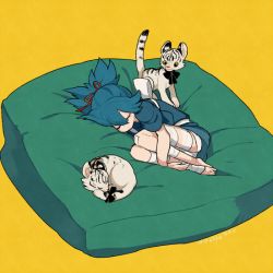 Rule 34 | 10s, 1boy, artist name, bandages, blue hair, closed eyes, dated, gokotai&#039;s tigers, l hakase, male focus, no shoes, sayo samonji, simple background, solo, tiger, tiger cub, touken ranbu, white tiger, yellow background