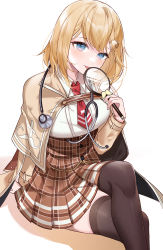 Rule 34 | 1girl, arm behind back, black thighhighs, blonde hair, blue eyes, blush, brown skirt, clothing request, commentary, hair ornament, high-waist skirt, holding, holding magnifying glass, hololive, hololive english, long sleeves, looking at viewer, machi (7769), magnifying glass, medium hair, monocle, necktie, red necktie, shirt, simple background, sitting, skirt, solo, stethoscope, thighhighs, tongue, tongue out, virtual youtuber, watson amelia, watson amelia (1st costume), white background, white shirt