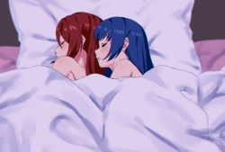 Rule 34 | 2girls, back-to-back, bed sheet, blue hair, closed eyes, closed mouth, couple, from above, long hair, love live!, love live! sunshine!!, lying, multiple girls, on side, parted lips, pillow, profile, red hair, sakurauchi riko, sellel, sleeping, spooning, tsushima yoshiko, under covers, yuri