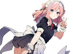 Rule 34 | 1girl, blue eyes, blue hair, commentary request, hair ribbon, highres, ikeuchi tanuma, looking at viewer, maid, maid headdress, multicolored hair, original, pink hair, puffy short sleeves, puffy sleeves, red ribbon, ribbon, short sleeves, simple background, solo, streaked hair, v, white background, wrist cuffs