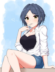Rule 34 | 1girl, arm support, bare legs, black camisole, blue hair, blush, breasts, camisole, cleavage, collarbone, denim, denim shorts, feet out of frame, finger to mouth, hayami kanade, heart, highres, idolmaster, idolmaster cinderella girls, knees together feet apart, looking at viewer, medium breasts, nichijo, partially unbuttoned, shirt, short hair, shorts, sitting, solo, white shirt