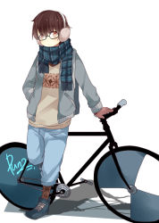 Rule 34 | androgynous, bad id, bad pixiv id, bicycle, earmuffs, gender request, glasses, original, plaid, plaid scarf, pun2, scarf, solo
