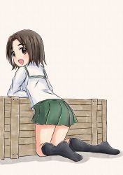 Rule 34 | 1girl, :d, absurdres, arm support, black socks, blouse, brown eyes, brown hair, commentary, from behind, girls und panzer, green skirt, highres, kneehighs, kneeling, leaning forward, long sleeves, looking at viewer, looking back, miniskirt, munisuke (zrkt7883), no shoes, ooarai school uniform, open mouth, parted bangs, pleated skirt, sawa azusa, school uniform, serafuku, shadow, shirt, short hair, skirt, smile, socks, solo, traditional media, white background, white shirt