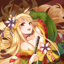 Rule 34 | 1girl, 7eddy, :d, animal ear fluff, animal ears, arm up, bare shoulders, blonde hair, breasts, choker, cleavage, facial mark, flower, fox ears, gold trim, hair flower, hair ornament, hair stick, hand fan, izumi (sdorica), japanese clothes, kimono, long hair, looking at viewer, open mouth, paper fan, red eyes, sdorica, smile, solo, upper body, whisker markings, wide sleeves