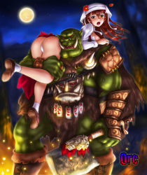 Rule 34 | 1boy, 1girl, armor, ass, axe, bald, boken fantasy, boots, breasts, brown eyes, cape, carrying, fangs, fire, hat, highres, long hair, looking back, monster, moon, muscular, open mouth, orc, original, panties, pantyshot, pointy ears, red eyes, red hair, sharp teeth, skirt, teeth, underwear, upskirt, weapon