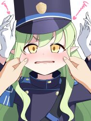 Rule 34 | 1girl, armband, black hat, black shirt, blue archive, blue armband, blush, cheek pinching, gloves, green hair, hat, hikari (blue archive), highres, long hair, long sleeves, looking at viewer, open mouth, peaked cap, pinching, pointy ears, pov, sanuki ach, shirt, simple background, upper body, white background, white gloves, yellow eyes