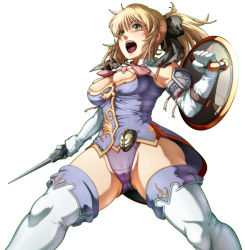 Rule 34 | 1girl, bare shoulders, blonde hair, bow, caryo, cassandra alexandra, from below, gloves, green eyes, hair bow, highres, leotard, necktie, open mouth, pink necktie, ponytail, shield, shoulder pads, solo, soul calibur, soulcalibur, soulcalibur iv, sword, tabigarasu, thighhighs, weapon