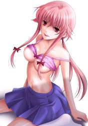 Rule 34 | 1girl, bad id, bad pixiv id, bare shoulders, bra, bra lift, breasts, collarbone, gasai yuno, lingerie, long hair, mio (di-cr), mirai nikki, navel, nipples, no shirt, open mouth, pink bra, pink hair, red eyes, simple background, sitting, skirt, solo, strap slip, twintails, underwear, wariza