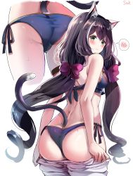 Rule 34 | 1girl, absurdres, animal ear fluff, animal ears, ass, bare shoulders, bikini, black hair, blush, breasts, cat ears, cat girl, cat tail, green eyes, highres, karyl (princess connect!), karyl (summer) (princess connect!), long hair, looking at viewer, looking back, low twintails, medium breasts, multicolored hair, multiple views, princess connect!, purple bikini, sak (lemondisk), side-tie bikini bottom, simple background, spoken blush, streaked hair, swimsuit, tail, twintails, v-shaped eyebrows, very long hair, wet, white background, white hair