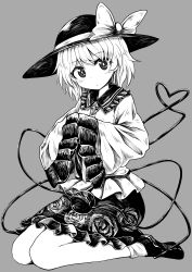 Rule 34 | 1girl, absurdres, bow, bright pupils, chups, closed mouth, floral print, frilled skirt, frilled sleeves, frills, full body, grey background, greyscale, hat, hat bow, heart, heart of string, high contrast, highres, komeiji koishi, long sleeves, looking at viewer, monochrome, rose print, seiza, shirt, shoes, short hair, simple background, sitting, skirt, socks, solo, third eye, touhou, wide sleeves