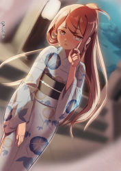 Rule 34 | 1girl, alternate costume, alternate hairstyle, asagumo (kancolle), blurry, blurry background, brown hair, commentary request, dutch angle, feet out of frame, floral print, grey eyes, highres, japanese clothes, kantai collection, kimono, long hair, looking at viewer, metadio, ponytail, solo, white kimono, yukata