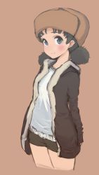 Rule 34 | 10s, 1girl, arms behind back, blue eyes, blush, boots, brown coat, brown hair, brown hat, brown shorts, casual, closed mouth, coat, commentary, cowboy shot, cropped legs, fur-trimmed coat, fur hat, fur trim, girls und panzer, hat, highres, hood, hooded coat, light blush, long sleeves, looking at viewer, mityubi, nina (girls und panzer), shirt, short hair, short shorts, short twintails, shorts, simple background, smile, solo, standing, twintails, ushanka, white shirt