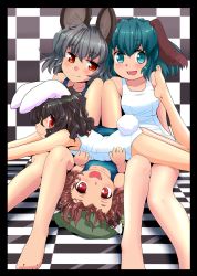 Rule 34 | 4girls, :3, alternate costume, animal ears, aqua eyes, aqua hair, bare legs, bare shoulders, barefoot, black hair, blush, brown eyes, cat ears, cat girl, cat tail, checkered background, checkered floor, chen, collarbone, competition swimsuit, earrings, fang, female focus, floor, green eyes, green hair, grey hair, hat, highres, inaba tewi, ishikkoro, jewelry, kasodani kyouko, leaning on person, looking at viewer, lying, lying on person, mouse ears, multiple girls, nazrin, on back, one-piece swimsuit, open mouth, profile, rabbit ears, rabbit tail, red eyes, school swimsuit, short hair, single earring, sitting, smile, swimsuit, tail, touhou, white school swimsuit, white one-piece swimsuit