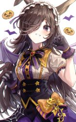 Rule 34 | 1girl, absurdres, animal ears, bat wings, black bow, black bowtie, bow, bowtie, brown hair, dasha, gloves, hair ornament, halloween costume, hand up, headdress, highres, horse ears, jack-o&#039;-lantern, long hair, looking at viewer, official alternate costume, parted lips, pumpkin, purple bow, purple bowtie, purple eyes, purple gloves, rice shower (make up vampire!) (umamusume), rice shower (umamusume), shirt, simple background, solo, striped, striped bow, umamusume, upper body, white background, white shirt, wings