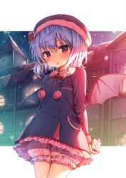 Rule 34 | 1girl, arms behind back, bad id, bad pixiv id, bat wings, bloomers, blue hair, blush, box, cowboy shot, gift, gift box, hat, hat ribbon, holding, holding gift, light purple hair, looking at viewer, mob cap, outdoors, petticoat, pointy ears, red eyes, remilia scarlet, ribbon, shnva, short hair, snowing, solo, standing, touhou, underwear, upskirt, wings, winter, winter clothes