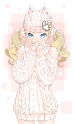Rule 34 | 1girl, alternate costume, animal ears, anlucea, aran sweater, bare shoulders, blonde hair, blue eyes, blush, cable knit, cat ears, commentary request, covered mouth, covering own mouth, cowboy shot, dragon quest, dragon quest x, dress, fake animal ears, fluffy, hair ornament, hair scrunchie, hands up, highres, knit hat, kosuga kumi, long hair, long sleeves, looking at viewer, scrunchie, solo, sweater, sweater dress, turtleneck, turtleneck sweater, twintails, white sweater