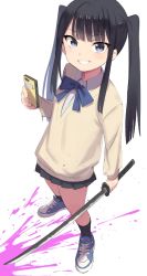 Rule 34 | 1girl, aki poi, black hair, black skirt, black socks, blue bow, blue footwear, bow, cellphone, collared shirt, commentary request, grin, holding, holding phone, holding sword, holding weapon, katana, long hair, looking at viewer, original, phone, pleated skirt, purple eyes, shirt, shoes, simple background, skirt, smile, socks, solo, standing, sword, twintails, weapon, white background, white shirt