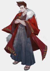 Rule 34 | 1boy, absurdres, barou shouei, black hair, blue lock, crossed arms, fur trim, grey hakama, hakama, highres, japanese clothes, male focus, noey nuoyi, pompadour, red eyes, sandals, solo, standing, white background