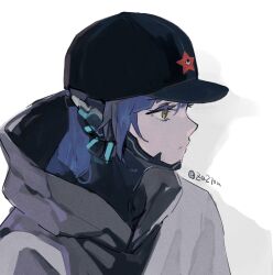 Rule 34 | 1boy, baseball cap, black hat, blue hair, closed mouth, commentary, decarabia, hair between eyes, hat, highres, hood, hood down, jacket, long hair, male focus, protagonist (smtv), shadow, shin megami tensei, shin megami tensei v, simple background, solo, symbol-only commentary, twitter username, upper body, white background, yellow eyes, za210n