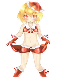 Rule 34 | 1girl, blonde hair, blush, gplnbeat, hair ribbon, highres, midriff, open mouth, pigeon-toed, red eyes, ribbon, rumia, santa costume, skirt hold, solo, touhou, white background