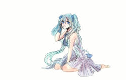 Rule 34 | 1girl, aqua hair, between legs, blue eyes, dress, hatsune miku, long hair, shiratsuyu (nagatukihakuro), sitting, sketch, solo, twintails, vocaloid, wariza