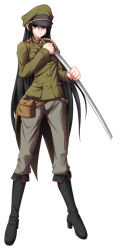 Rule 34 | 1girl, akatuti, black hair, boots, female focus, full body, hat, high heels, long hair, original, shoes, simple background, solo, sword, uniform, weapon, white background