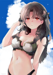 Rule 34 | 1girl, azumi (myameco), bare shoulders, black hair, black ribbon, blue sky, breasts, cleavage, closed mouth, cloud, day, earrings, fate/grand order, fate (series), hair ribbon, ishtar (fate), jewelry, long hair, looking at viewer, medium breasts, midriff, navel, red eyes, ribbon, sky, solo