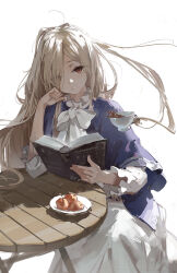 Rule 34 | 1girl, absurdres, blonde hair, book, brown eyes, cup, dino (dinoartforame), elbow rest, expressionless, food, fruit, hair over one eye, highres, holding, holding cup, long hair, looking at viewer, plate, sense (sousou no frieren), simple background, solo, sousou no frieren, table, tea, teacup, white background, wooden table