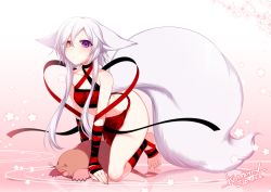 1girl, aika (konshin), all fours, animal ears, arm wrap, artist self-insert, bare shoulders, black ribbon, blue eyes, blush, breasts, choker, circle, cleavage, collarbone, commentary request, criss-cross halter, dated, fictional persona, flipped hair, flower, fluffy, fox ears, fox tail, full body, gradient, gradient background, hair between eyes, hair over one eye, halterneck, heterochromia, konshin, leg wrap, loincloth, looking at viewer, midriff, mole, mole (animal), navel, no shoes, original, pink background, purple eyes, red ribbon, ribbon, short hair with long locks, small breasts, tail, white background, white hair