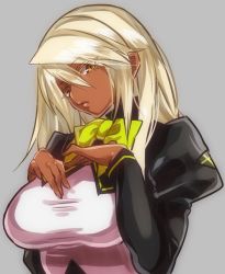 Rule 34 | 1girl, alternate costume, bad id, bad twitter id, blonde hair, breasts, dark-skinned female, dark skin, female focus, grey background, guilty gear, guilty gear xrd, highres, hohehohe, large breasts, long hair, looking at viewer, parted lips, ramlethal valentine, ribbon, simple background, solo, upper body, yellow eyes