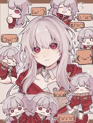 Rule 34 | 1girl, 64 moru, :3, blush, clara (honkai: star rail), closed eyes, closed mouth, coat, emoticon, grey hair, hair between eyes, hair intakes, highres, honkai: star rail, honkai (series), long sleeves, looking at viewer, multiple views, open mouth, peeking out, red coat, red eyes, spoken expression, thought bubble