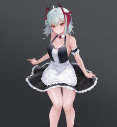 Rule 34 | 1girl, absurdres, ahoge, alternate costume, antennae, apron, arknights, arm garter, bare arms, bare legs, bare shoulders, black dress, breasts, cleavage, detached collar, dress, enmaided, feet out of frame, frilled apron, frills, grey background, highres, horns, looking at viewer, maid, maid apron, medium breasts, petticoat, qingshu, red eyes, short dress, short hair, silver hair, simple background, solo, thighs, w (arknights), waist apron, white apron