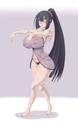 Rule 34 | 1girl, absurdres, artist request, black hair, blush, breasts, cleavage, full body, green eyes, highres, huge breasts, karuro-kun, long hair, nipples, open mouth, ponytail, see-through, solo, standing, very long hair