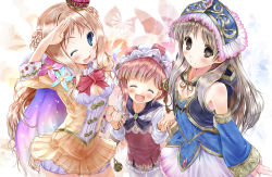 Rule 34 | 3girls, :d, ;d, ^ ^, aged down, atelier (series), atelier meruru, atelier rorona, atelier totori, bad id, bad pixiv id, bare shoulders, blue eyes, blush, bow, brown eyes, brown hair, cape, closed eyes, crown, detached sleeves, dress, closed eyes, female focus, hat, holding hands, long hair, merurulince rede arls, mini crown, multiple girls, one eye closed, open mouth, red bow, red hair, rororina fryxell, salute, scarlet (studioscr), silver hair, skirt, smile, totooria helmold, wink, yellow skirt