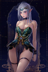 Rule 34 | 1girl, ahoge, blue eyes, blush, breasts, circlet, cleavage, collar, cuffs, dress, fantasy, grey hair, highres, large breasts, lips, long hair, looking at viewer, no panties, original, pelvic curtain, pointy ears, prywinko, see-through, solo, strapless, strapless dress, thigh strap, thighs