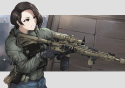 Rule 34 | 1girl, absurdres, assault rifle, black gloves, black hair, blue pants, bulletproof vest, determined, gloves, green shirt, gun, highres, holding, holding gun, holding weapon, long sleeves, magazine (weapon), military, original, pants, purple eyes, rifle, scope, shirt, shitamichi, short hair, tactical clothes, trigger discipline, v-shaped eyebrows, weapon