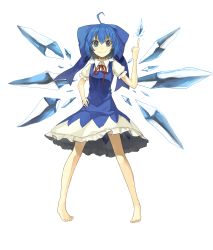 Rule 34 | &gt;:), 1girl, absurdres, ahoge, bad id, bad pixiv id, bare legs, barefoot, blue dress, blue eyes, blue hair, bow, cirno, dress, full body, hair bow, hand on own hip, highres, ice, ice wings, large bow, looking at viewer, matching hair/eyes, miruto netsuki, neck ribbon, pigeon-toed, puffy sleeves, ribbon, short sleeves, simple background, smile, solo, touhou, v-shaped eyebrows, white background, wings