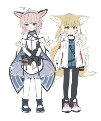 Rule 34 | 2girls, ahoge, ammunition pouch, animal ear fluff, animal ears, aqua hairband, arknights, artist request, blonde hair, blue shirt, blush, cloak, coat, cosplay, costume switch, cross, dot nose, dress, fox ears, fox girl, fox tail, full body, grey hair, hairband, high tops, id card, infection monitor (arknights), medic, medium bangs, multiple girls, multiple tails, open cloak, open clothes, open coat, pantyhose, pouch, red cross, shirt, shoes, skirt, sneakers, standing, sussurro (arknights), suzuran (arknights), tail, white background, white coat, white pantyhose, yellow eyes