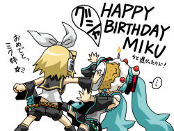 Rule 34 | 2girls, angelin, aqua hair, blonde hair, cake, food, food on face, happy birthday, hatsune miku, in the face, kagamine rin, long hair, multiple girls, pie, pie in face, ribbon, short hair, thighhighs, translated, twintails, very long hair, vocaloid