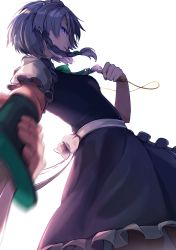 Rule 34 | 1girl, blue eyes, blurry, braid, clock, cowboy shot, depth of field, foreshortening, from side, highres, hsin, izayoi sakuya, knife, maid, maid headdress, short hair, short hair with long locks, side braid, silver hair, simple background, solo, standing, touhou, twin braids, white background