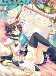 Rule 34 | 2girls, :3, ahoge, animal ears, animal hands, armor, ass, black legwear, black skirt, blush stickers, book, borrowed character, brown eyes, brown hair, cat ears, cat girl, closed mouth, commentary request, crescent moon, curtains, eleanor (ragnarok online), feet out of frame, genetic (ragnarok online), hair between eyes, holding, holding book, living clothes, looking at viewer, lying, medium hair, miniskirt, moon, multiple girls, on back, on bed, open mouth, panties, pantyshot, pauldrons, piglet, ragnarok online, savage babe, short hair, shoulder armor, skirt, stained glass, star (symbol), tanono, teeth, thick eyebrows, thighhigh removed, thighhighs, underwear, vambraces, white panties