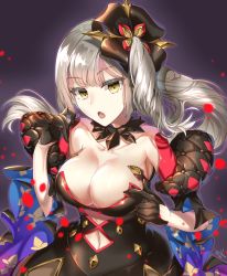 Rule 34 | 1girl, absurdres, acuma, bare shoulders, black dress, black gloves, breasts, cleavage, collarbone, dark persona, dress, fate/grand order, fate (series), gloves, hair ornament, half gloves, highres, long hair, looking at viewer, marie antoinette (alter) (fate), marie antoinette (fate), open mouth, pale skin, petals, side ponytail, silver hair, very long hair, yellow eyes
