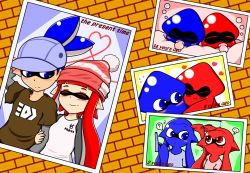 Rule 34 | 1boy, 1girl, ?, age progression, aged down, arm behind head, arm hug, baby, baseball cap, beanie, bed, blue hair, blush, closed eyes, couple, english text, gun, hat, heart, height conscious, height difference, hetero, hiiragisphere, holding, hug, inkling, inkling boy, inkling girl, inkling player character, layered clothes, layered sleeves, long hair, long sleeves, looking at another, looking back, nintendo, pacifier, personification, photo (object), pointy ears, raglan sleeves, red hair, shirt, short hair, short over long sleeves, short sleeves, side-by-side, sleeping, smile, splatoon (series), splatoon 1, squid, standing, t-shirt, topknot, weapon
