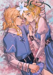 Rule 34 | 1boy, 1girl, belt, blonde hair, blue eyes, blue tunic, blush, braid, closed mouth, commentary, couple, crown braid, earrings, english commentary, flower, green eyes, hair ornament, hairclip, hetero, high collar, highres, holding, holding flower, holding hands, jewelry, juliet sleeves, light blush, link, long sleeves, looking at another, low ponytail, lying, mouyi, nintendo, official alternate hair length, official alternate hairstyle, on back, on side, parted bangs, petals, pointy ears, princess, princess zelda, puffy sleeves, ring, short hair, sidelocks, smile, the legend of zelda, the legend of zelda: breath of the wild, the legend of zelda: tears of the kingdom