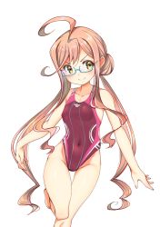 Rule 34 | 1girl, ahoge, blue-framed eyewear, breasts, commentary request, competition swimsuit, cowboy shot, double bun, glasses, hair bun, highleg, highleg swimsuit, highres, kantai collection, long sleeves, makigumo (kancolle), multicolored clothes, multicolored swimsuit, one-piece swimsuit, pink hair, purple one-piece swimsuit, simple background, small breasts, solo, swimsuit, twintails, white background, yashin (yasinz), yellow eyes
