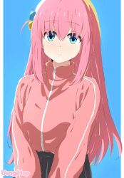 Rule 34 | 1girl, artist name, blue eyes, bocchi the rock!, closed mouth, cube hair ornament, gotoh hitori, grey skirt, hair between eyes, hair ornament, hair over eyes, highres, jacket, long hair, looking at viewer, one side up, pink hair, pink jacket, pink track suit, pleated skirt, side ahoge, simple background, skirt, solo, track jacket, usagihop, watermark