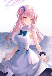 Rule 34 | 1girl, angel wings, blue archive, blush, breasts, closed mouth, dress, feathered wings, flower, hair bun, hair flower, hair ornament, halo, heeri, highres, large breasts, long hair, looking at viewer, mika (blue archive), pink hair, pink halo, purple flower, simple background, single side bun, sleeveless, sleeveless dress, smile, solo, white background, white dress, white wings, wings, yellow eyes