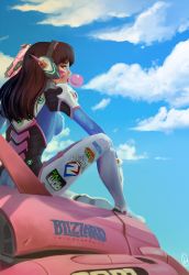 Rule 34 | 1girl, 2017, artist name, blizzard (company), blue bodysuit, blue sky, bodysuit, breasts, brown eyes, brown hair, blowing bubbles, chewing gum, clothes writing, cloud, commentary, d.va (overwatch), dated, day, facepaint, facial mark, facing away, from behind, from side, gloves, gun, handgun, headphones, high collar, highres, holding, holding gun, holding weapon, lips, logo, long hair, looking afar, mecha, medium breasts, meka (overwatch), nia obidos townsend, no pupils, nose, outdoors, overwatch, overwatch 1, pilot suit, pink lips, pistol, profile, ribbed bodysuit, robot, shoulder pads, signature, sitting, skin tight, sky, solo, weapon, whisker markings, white gloves, white legwear