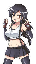 Rule 34 | 1girl, :d, bare shoulders, black hair, black skirt, black thighhighs, blush, breasts, brown eyes, clenched hand, collarbone, colonel aki, cowboy shot, detached sleeves, earrings, eyes visible through hair, final fantasy, final fantasy vii, fingerless gloves, fingernails, gloves, groin, hair between eyes, hands up, highres, jewelry, long hair, looking at viewer, low-tied long hair, midriff, miniskirt, navel, open mouth, parted bangs, sidelocks, simple background, skirt, smile, solo, sports bra, stomach, suspender skirt, suspenders, tank top, teeth, thighhighs, tifa lockhart, upper teeth only, white background, zettai ryouiki